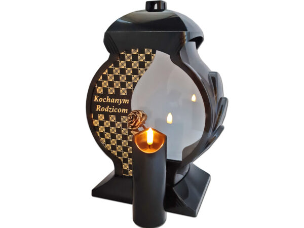 RODZICE RODZICOM ZNICZ LAMPION NA GRÓB OB CZARNO ZŁOTY+ŚWIECA LED CZARNA