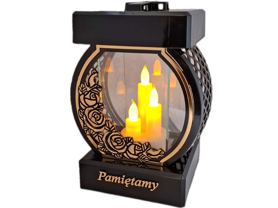 PAMIĘTAMY ZNICZ LAMPION NA GRÓB KOŁO RTN RÓŻA RAM ZŁO+ŚWIECZNIK LED