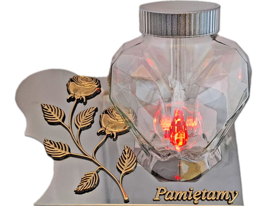 PAMIĘTAMY SOLARNY ZNICZ LAMPION FOTOWOLTAICZNY NA GRÓB SERCE SKOS SREBRO