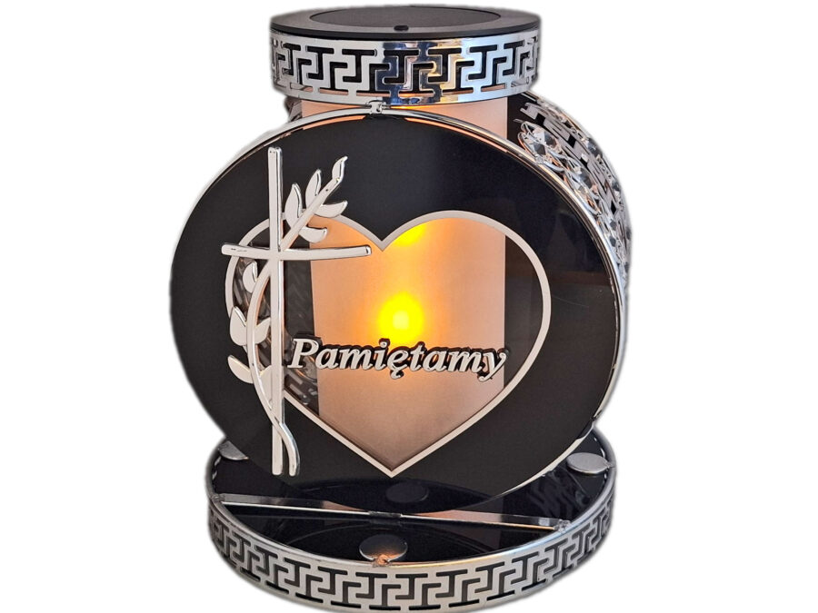 PAMIĘTAMY SOLAR FOTOWOLTAICZNY ZNICZ LAMPION VIP KOŁO SREBRNO-BIAŁY