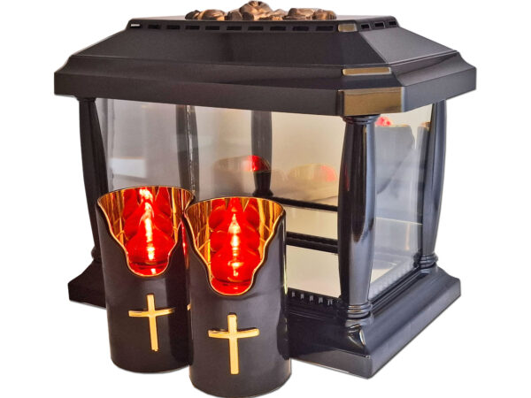 ZNICZ ZNICZE LAMPION PANTEON GŁADKI CZARNY+2 ŚWIECE LED