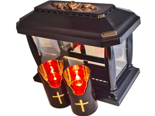 ZNICZ ZNICZE LAMPION PANTEON GŁADKI CZARNY+2 ŚWIECE LED