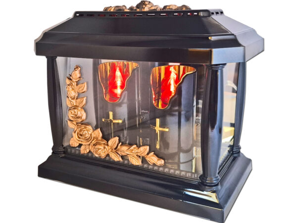 ZNICZ ZNICZE LAMPION PANTEON CZARNY RÓŻA ZŁOTO+2 ŚWIECE LED