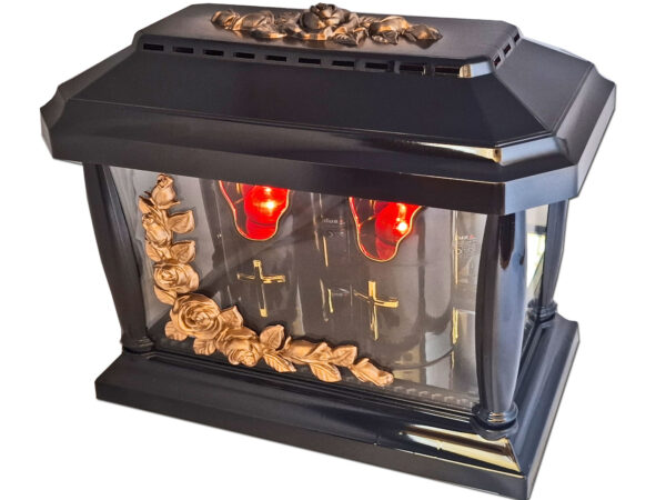 ZNICZ ZNICZE LAMPION PANTEON CZARNY RÓŻA ZŁOTO+2 ŚWIECE LED