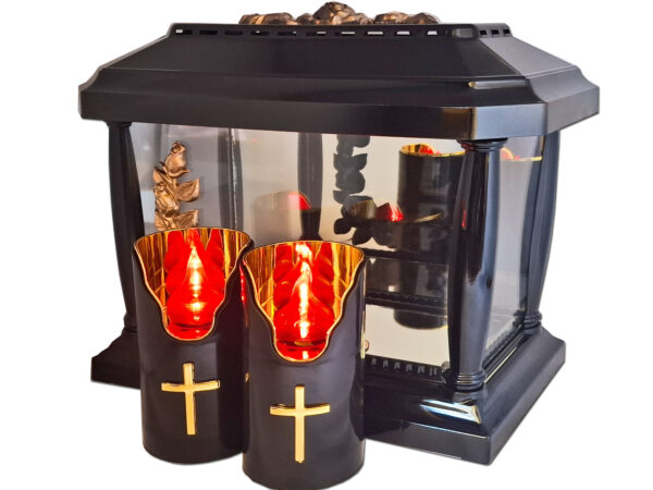 ZNICZ ZNICZE LAMPION PANTEON CZARNY RÓŻA ZŁOTO+2 ŚWIECE LED