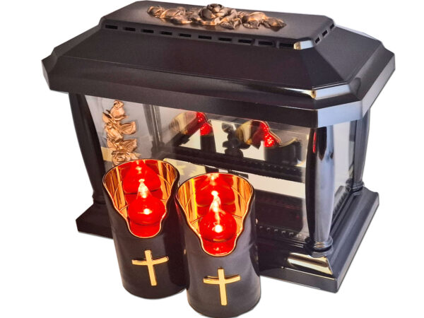 ZNICZ ZNICZE LAMPION PANTEON CZARNY RÓŻA ZŁOTO+2 ŚWIECE LED