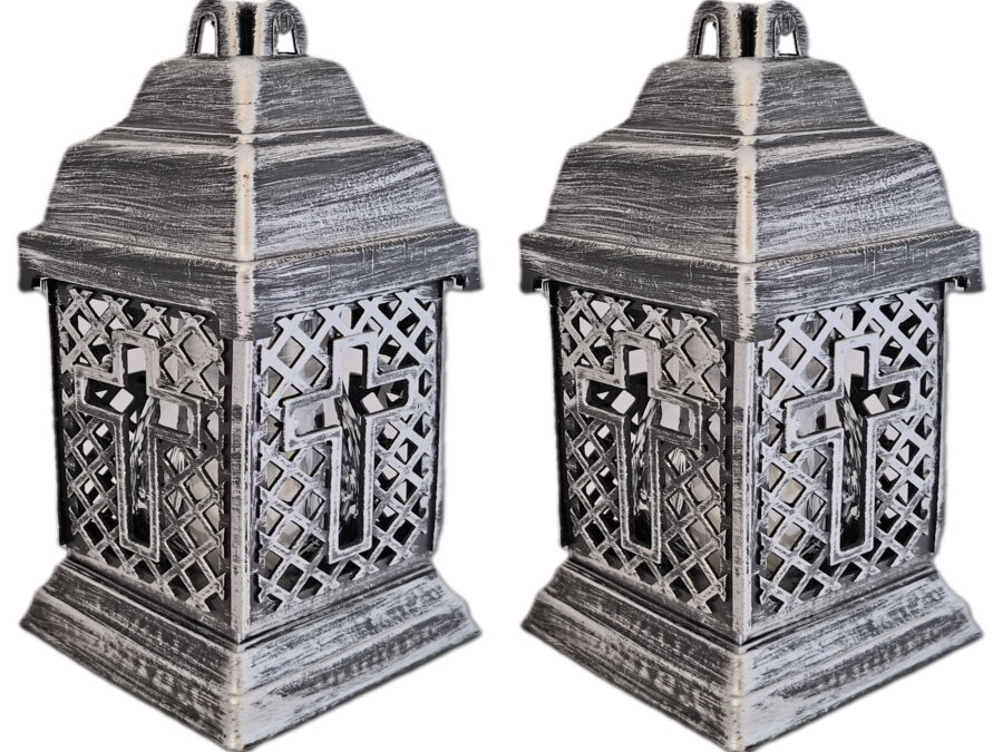 ZNICZ ZNICZE LAMPION NA GRÓB ZESTAW 2 SZTUKI KATEDRA ADM KRZYŻ SREBRO +WKŁAD