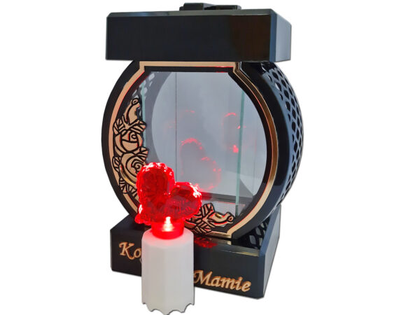 MAMA MAMIE ZNICZ LAMPION NA GRÓB KOŁO RTN RÓŻA RAMA ZŁOTO+SERCE LED Z BAT