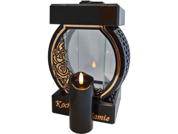 MAMA MAMIE ZNICZ LAMPION NA GRÓB KOŁO RTN RÓŻA RAMA ZŁOTO+ŚWIECA LED CZARNA