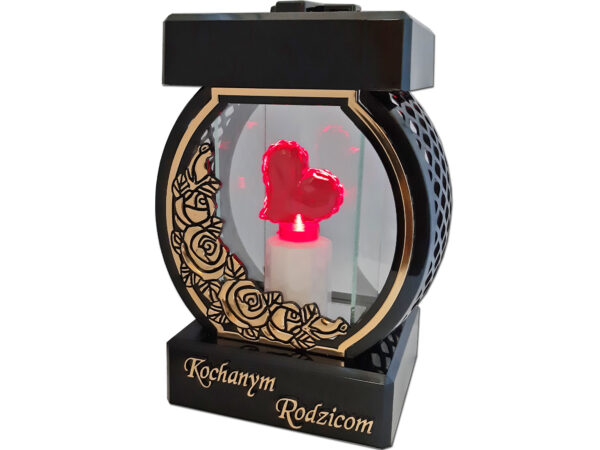 RODZICE RODZICOM ZNICZ LAMPION NA GRÓB KOŁO RTN RÓŻA RAMA ZŁOTO+SERCE LED Z BAT