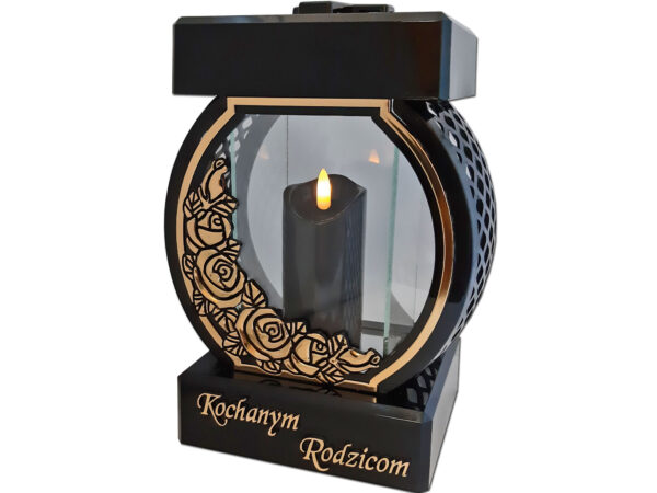 RODZICE RODZICOM ZNICZ LAMPION NA GRÓB KOŁO RTN RÓŻA RAMA ZŁOTO+ŚWIECA LED CZARNA