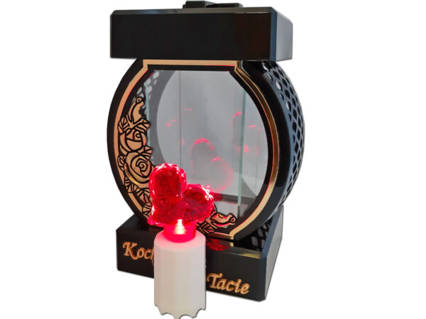 TATA TACIE ZNICZ LAMPION NA GRÓB KOŁO RTN RÓŻA RAMA ZŁOTO+SERCE LED Z BAT