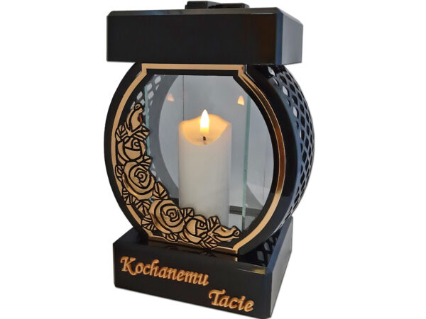 TATA TACIE ZNICZ LAMPION NA GRÓB KOŁO RTN RÓŻA RAMA ZŁOTO+ŚWIECA LED BIAŁA