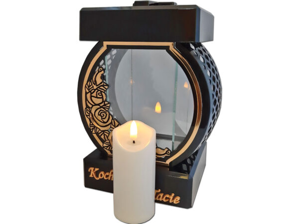 TATA TACIE ZNICZ LAMPION NA GRÓB KOŁO RTN RÓŻA RAMA ZŁOTO+ŚWIECA LED BIAŁA