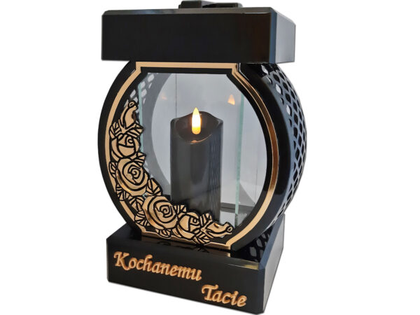 TATA TACIE ZNICZ LAMPION NA GRÓB KOŁO RTN RÓŻA RAMA ZŁOTO+ŚWIECA LED CZARNA