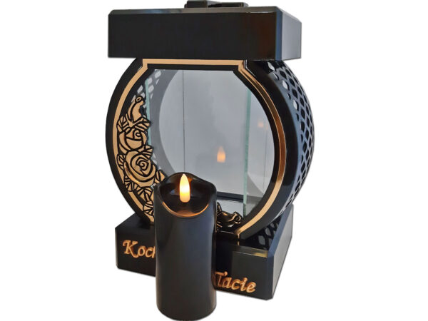 TATA TACIE ZNICZ LAMPION NA GRÓB KOŁO RTN RÓŻA RAMA ZŁOTO+ŚWIECA LED CZARNA