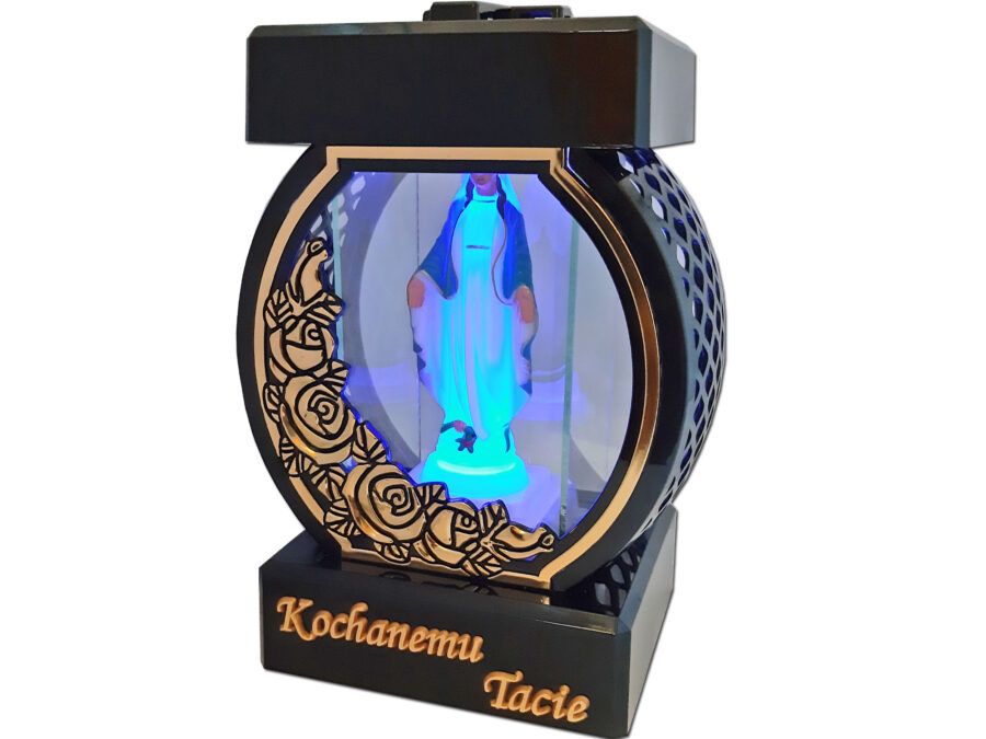 TATA TACIE ZNICZ LAMPION NA GRÓB KOŁO RTN RÓŻA RAMA ZŁOTO+FIGURKA LED