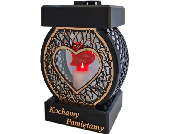 KOCHAMY PAMIĘTAMY ZNICZ NA GRÓB KOŁO RTN SERCE RAMA ZŁOTO+SERCE LED Z BAT