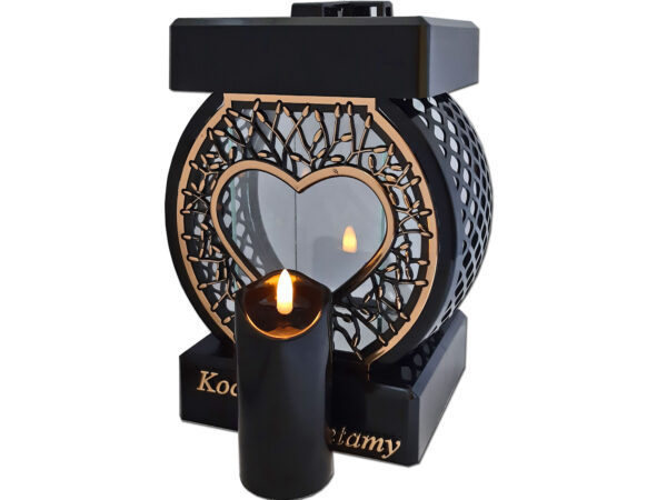 KOCHAMY PAMIĘTAMY ZNICZ NA GRÓB KOŁO RTN SERCE RAMA ZŁOTO+ŚWIECA LED CZARNA