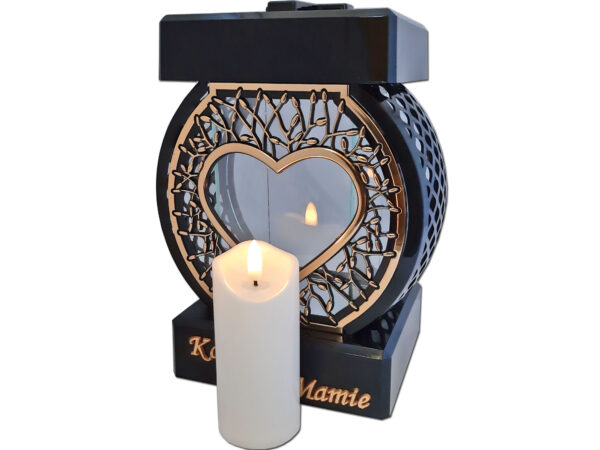 MAMA MAMIE ZNICZ LAMPION NA GRÓB KOŁO RTN SERCE RAMA ZŁOTO+ŚWIECA LED BIAŁA