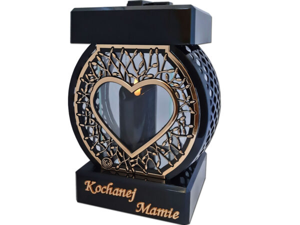 MAMA MAMIE ZNICZ LAMPION NA GRÓB KOŁO RTN SERCE RAMA ZŁOTO+ŚWIECA LED CZARNA