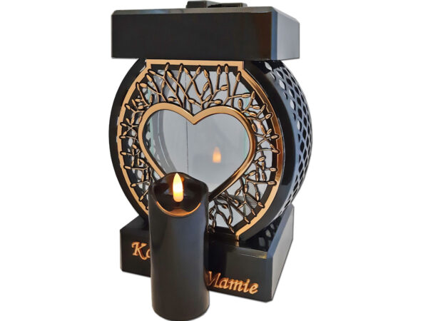 MAMA MAMIE ZNICZ LAMPION NA GRÓB KOŁO RTN SERCE RAMA ZŁOTO+ŚWIECA LED CZARNA