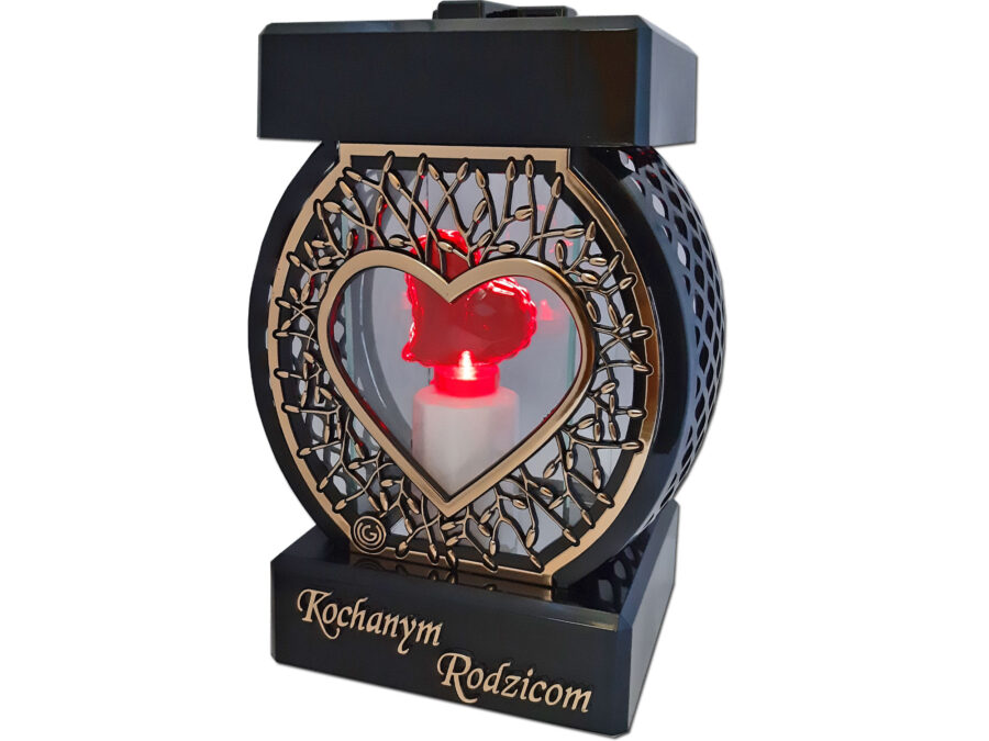 RODZICE RODZICOM ZNICZ LAMPION NA GRÓB KOŁO RTN SERCE RAMA ZŁOTO+SERCE LED Z BAT