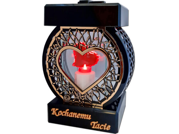 TATA TACIE ZNICZ LAMPION NA GRÓB KOŁO RTN SERCE RAMA ZŁOTO+SERCE LED Z BAT