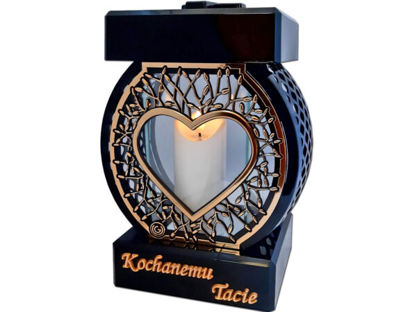 TATA TACIE ZNICZ LAMPION NA GRÓB KOŁO RTN SERCE RAMA ZŁOTO+ŚWIECA LED BIAŁA