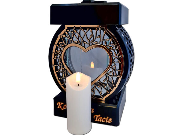 TATA TACIE ZNICZ LAMPION NA GRÓB KOŁO RTN SERCE RAMA ZŁOTO+ŚWIECA LED BIAŁA