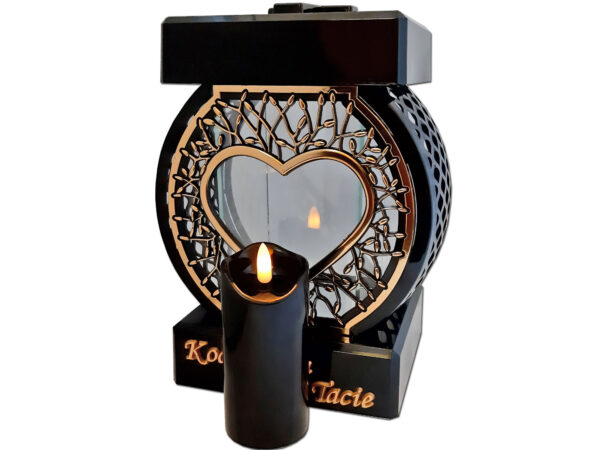 TATA TACIE ZNICZ LAMPION NA GRÓB KOŁO RTN SERCE RAMA ZŁOTO+ŚWIECA LED CZARNA