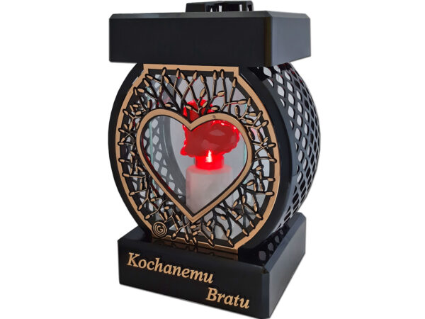 BRAT BRATU ZNICZ LAMPION NA GRÓB KOŁO RTN SERCE RAMA ZŁOTO+SERCE LED Z BAT
