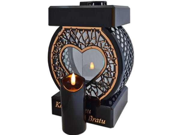 BRAT BRATU ZNICZ LAMPION NA GRÓB KOŁO RTN SERCE RAMA ZŁOTO+ŚWIECA LED CZARNA