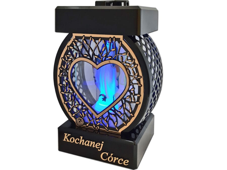 CÓRKA CÓRCE ZNICZ LAMPION NA GRÓB KOŁO RTN SERCE RAMA ZŁOTO+FIGURKA LED