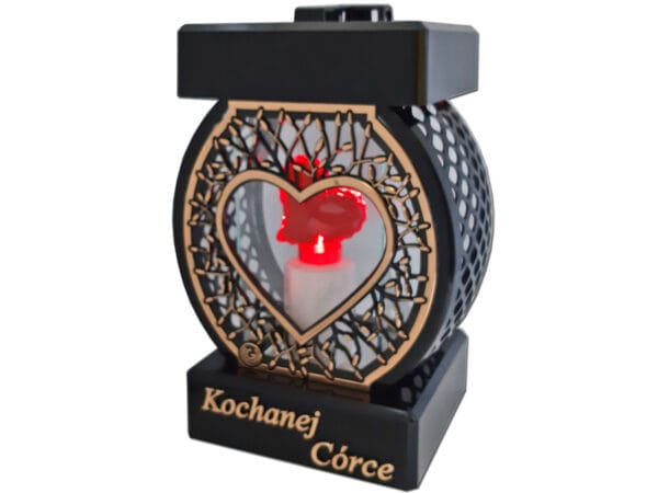 CÓRKA CÓRCE ZNICZ LAMPION NA GRÓB KOŁO RTN SERCE RAMA ZŁOTO+SERCE LED Z BAT