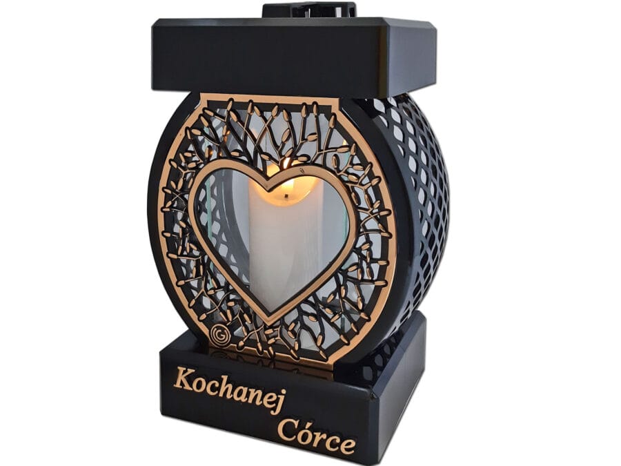 CÓRKA CÓRCE ZNICZ LAMPION NA GRÓB KOŁO RTN SERCE RAMA ZŁOTO+ŚWIECA LED BIAŁA