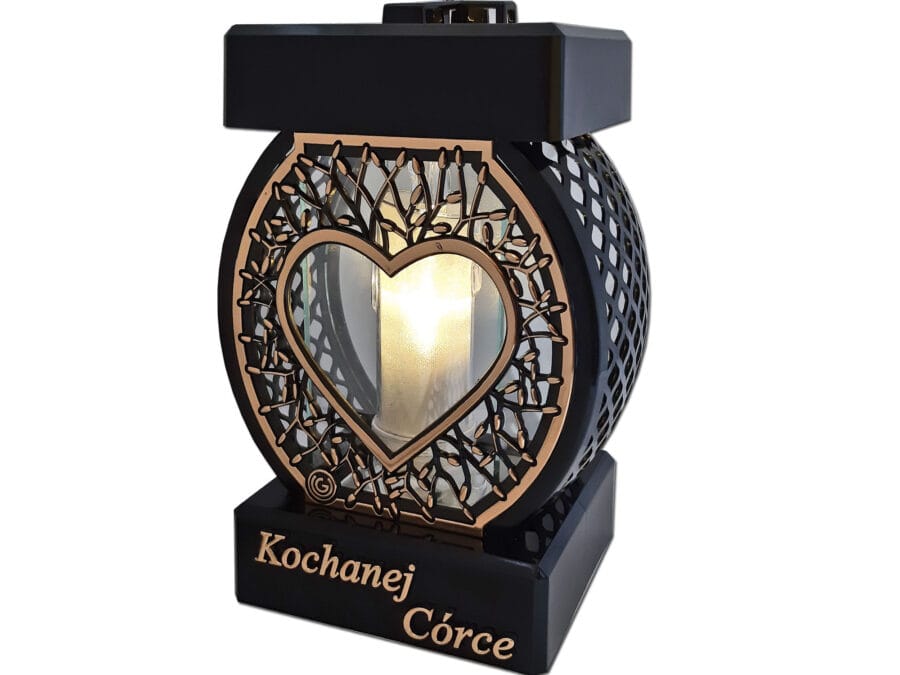 CÓRKA CÓRCE ZNICZ LAMPION NA GRÓB KOŁO RTN SERCE RAMA ZŁOTO+ŚWIECA LED BROKAT