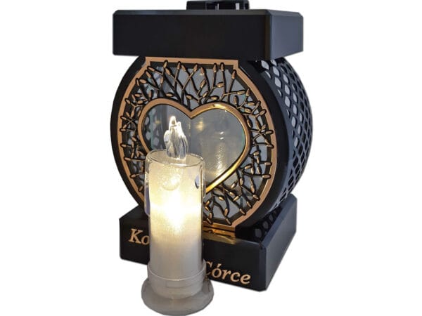 CÓRKA CÓRCE ZNICZ LAMPION NA GRÓB KOŁO RTN SERCE RAMA ZŁOTO+ŚWIECA LED BROKAT