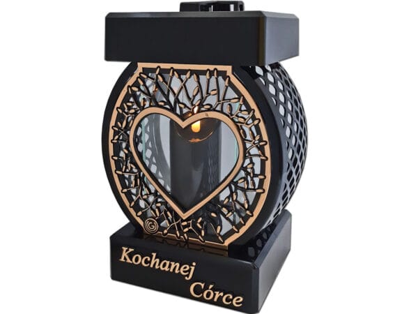 CÓRKA CÓRCE ZNICZ LAMPION NA GRÓB KOŁO RTN SERCE RAMA ZŁOTO+ŚWIECA LED CZARNA
