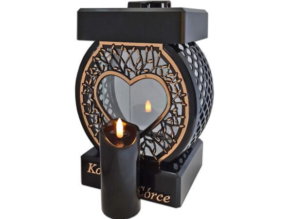 CÓRKA CÓRCE ZNICZ LAMPION NA GRÓB KOŁO RTN SERCE RAMA ZŁOTO+ŚWIECA LED CZARNA