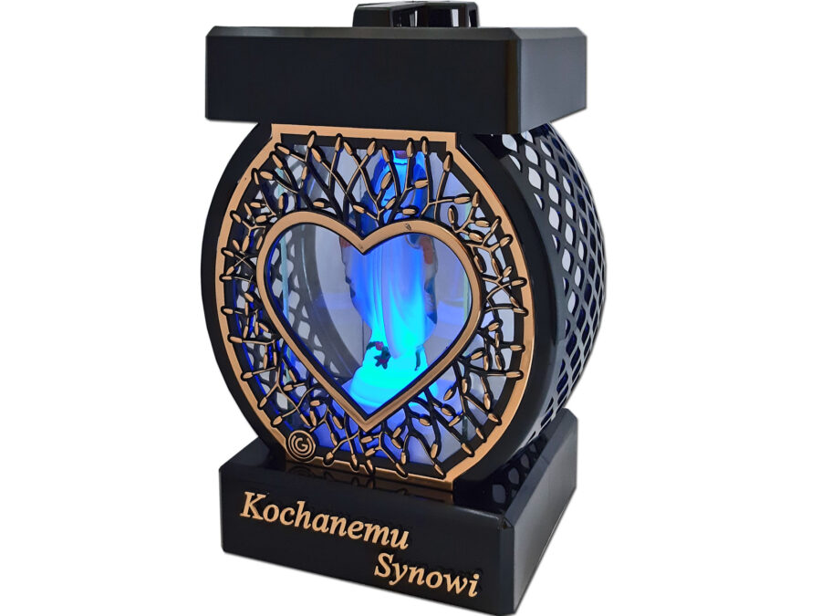 SYN SYNOWI ZNICZ LAMPION NA GRÓB KOŁO RTN SERCE RAMA ZŁOTO+FIGURKA LED