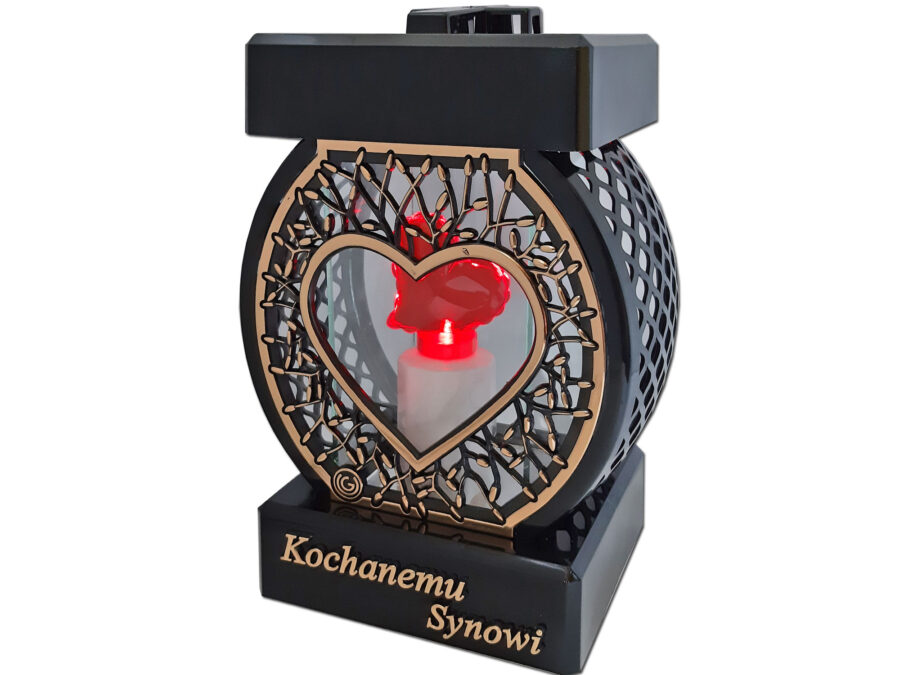 SYN SYNOWI ZNICZ LAMPION NA GRÓB KOŁO RTN SERCE RAMA ZŁOTO+SERCE LED Z BAT