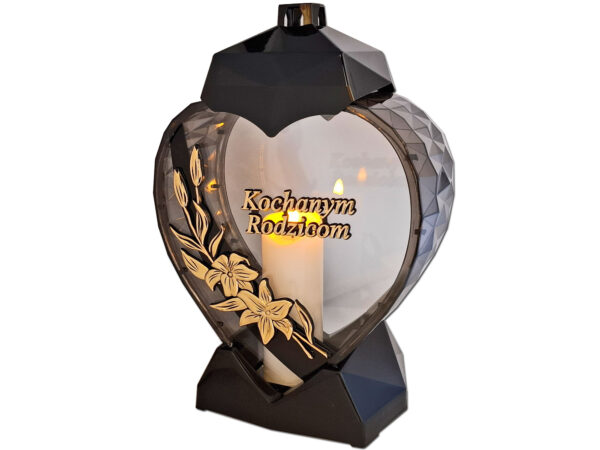 RODZICE RODZICOM ZNICZ LAMPION SERCE D KALIA CZARNY ZŁOTO LITERY+ŚWIECA LED
