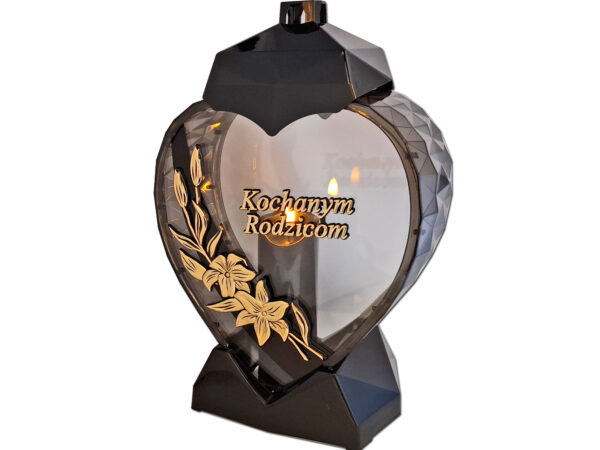 RODZICE RODZICOM ZNICZ LAMPION SERCE D KALIA CZARNY ZŁOTO LITERY+ŚWIECA LED CZARNA