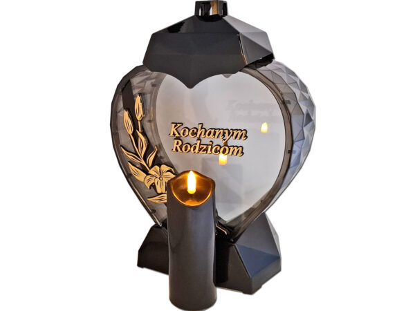 RODZICE RODZICOM ZNICZ LAMPION SERCE D KALIA CZARNY ZŁOTO LITERY+ŚWIECA LED CZARNA