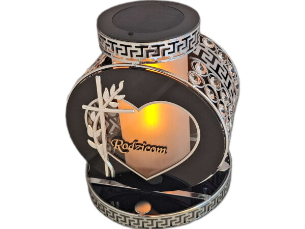 RODZICE RODZICOM SOLAR FOTOWOLTAICZNY ZNICZ LAMPION VIP KOŁO SREBRNO-BIAŁY