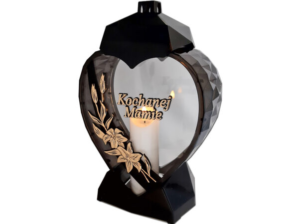 MAMA MAMIE ZNICZ LAMPION SERCE D KALIA CZARNY ZŁOTO LITERY+ŚWIECA LED BIAŁA