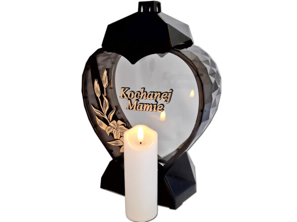 MAMA MAMIE ZNICZ LAMPION SERCE D KALIA CZARNY ZŁOTO LITERY+ŚWIECA LED BIAŁA