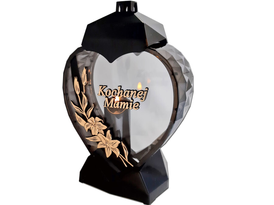 MAMA MAMIE ZNICZ LAMPION SERCE D KALIA CZARNY ZŁOTO LITERY+ŚWIECA LED CZARNA