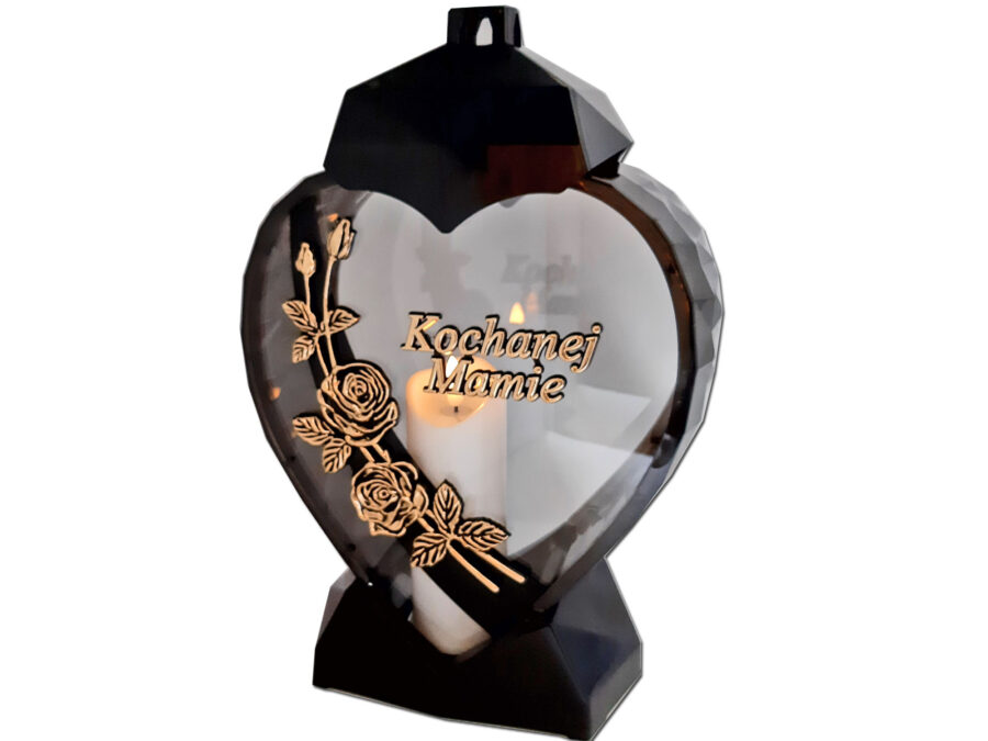 MAMA MAMIE ZNICZ LAMPION SERCE D RÓŻA CZARNY ZŁOTO LITERY+ŚWIECA LED BIAŁA